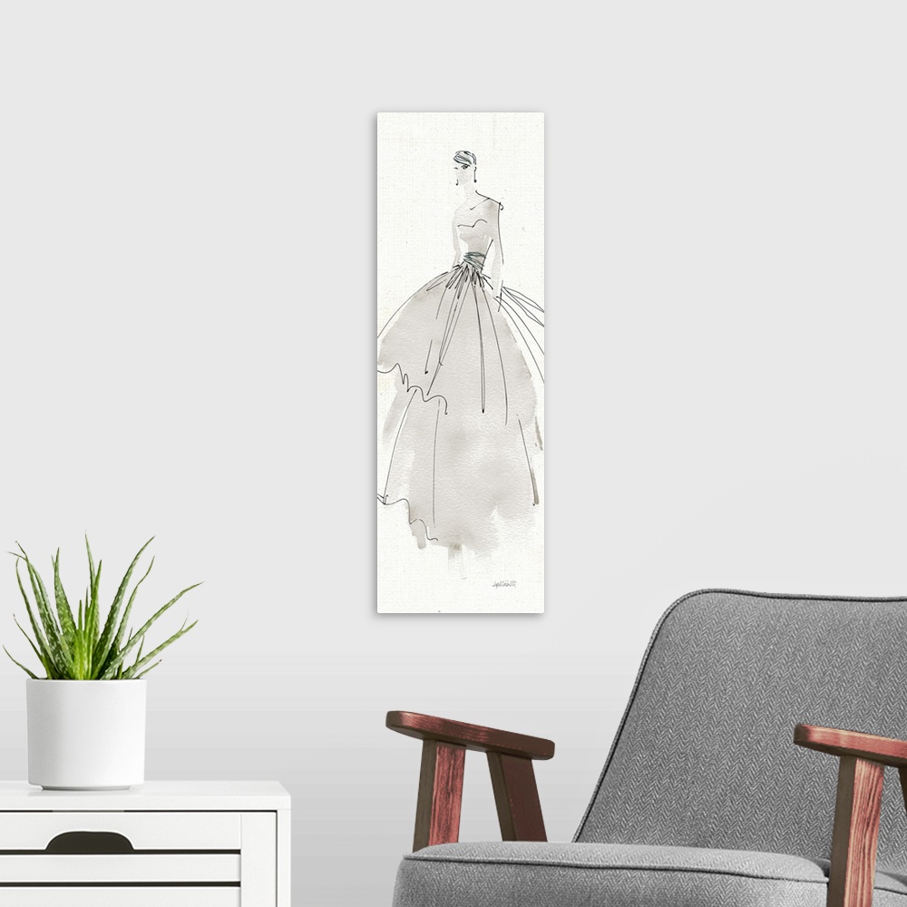 A modern room featuring Watercolor painting of a stylish woman in a dress with fine black line details.