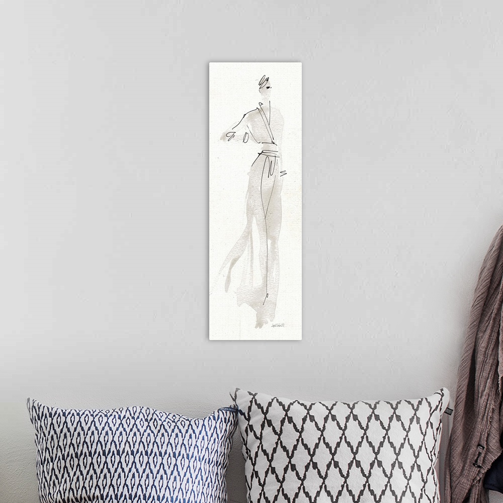 A bohemian room featuring Watercolor painting of a stylish woman in a dress with fine black line details.