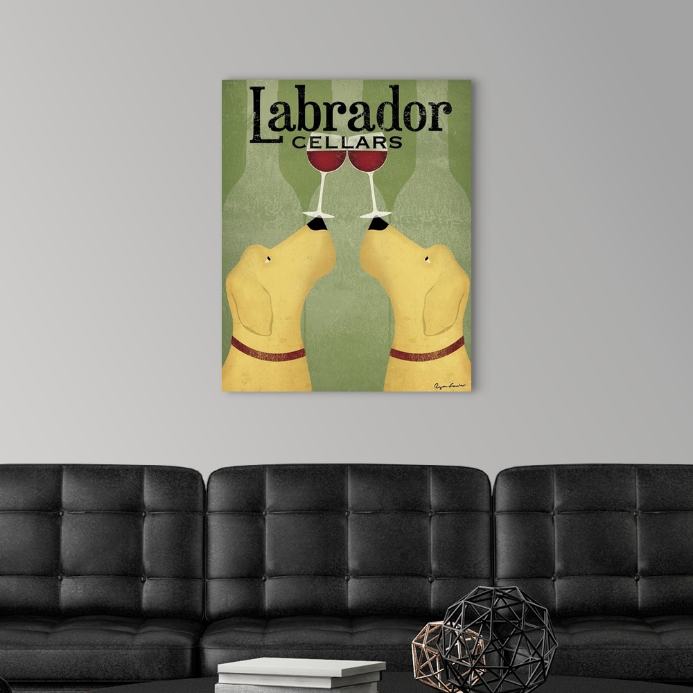 A modern room featuring Large painting of two dogs balancing wine glasses on their noses and three stenciled wine bottles...