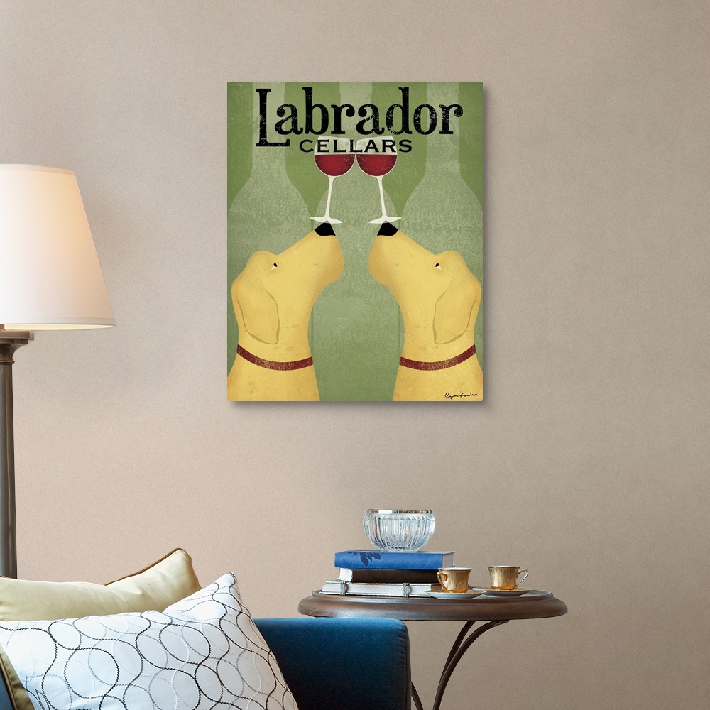 A traditional room featuring Large painting of two dogs balancing wine glasses on their noses and three stenciled wine bottles...