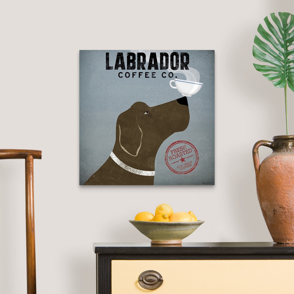 A traditional room featuring Large, square advertisement artwork for "Labrador Coffee Co.", a chocolate lab wearing a collar b...