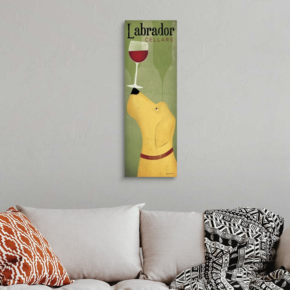 A bohemian room featuring This large vertical piece is a contemporary painting of a yellow lab holding a glass of red wine ...