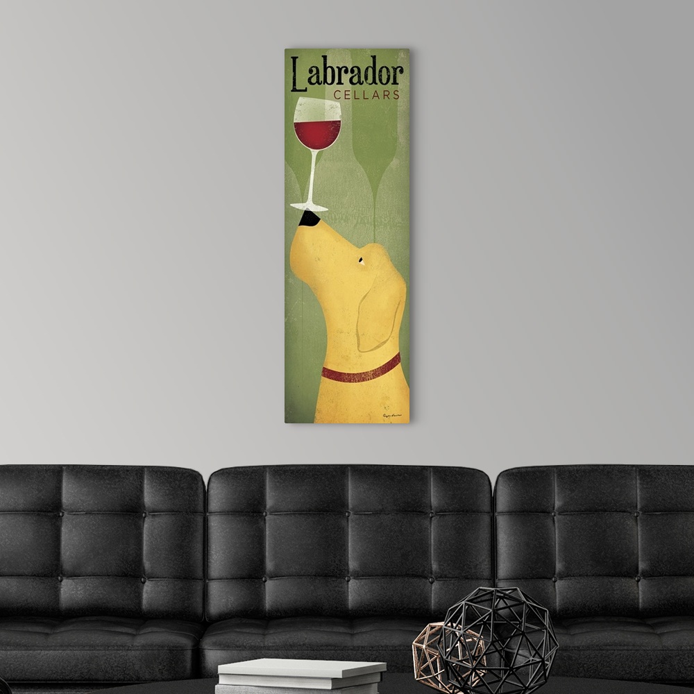 A modern room featuring This large vertical piece is a contemporary painting of a yellow lab holding a glass of red wine ...