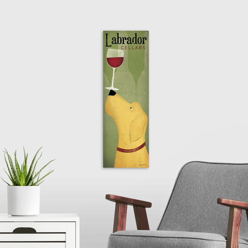 A modern room featuring This large vertical piece is a contemporary painting of a yellow lab holding a glass of red wine ...