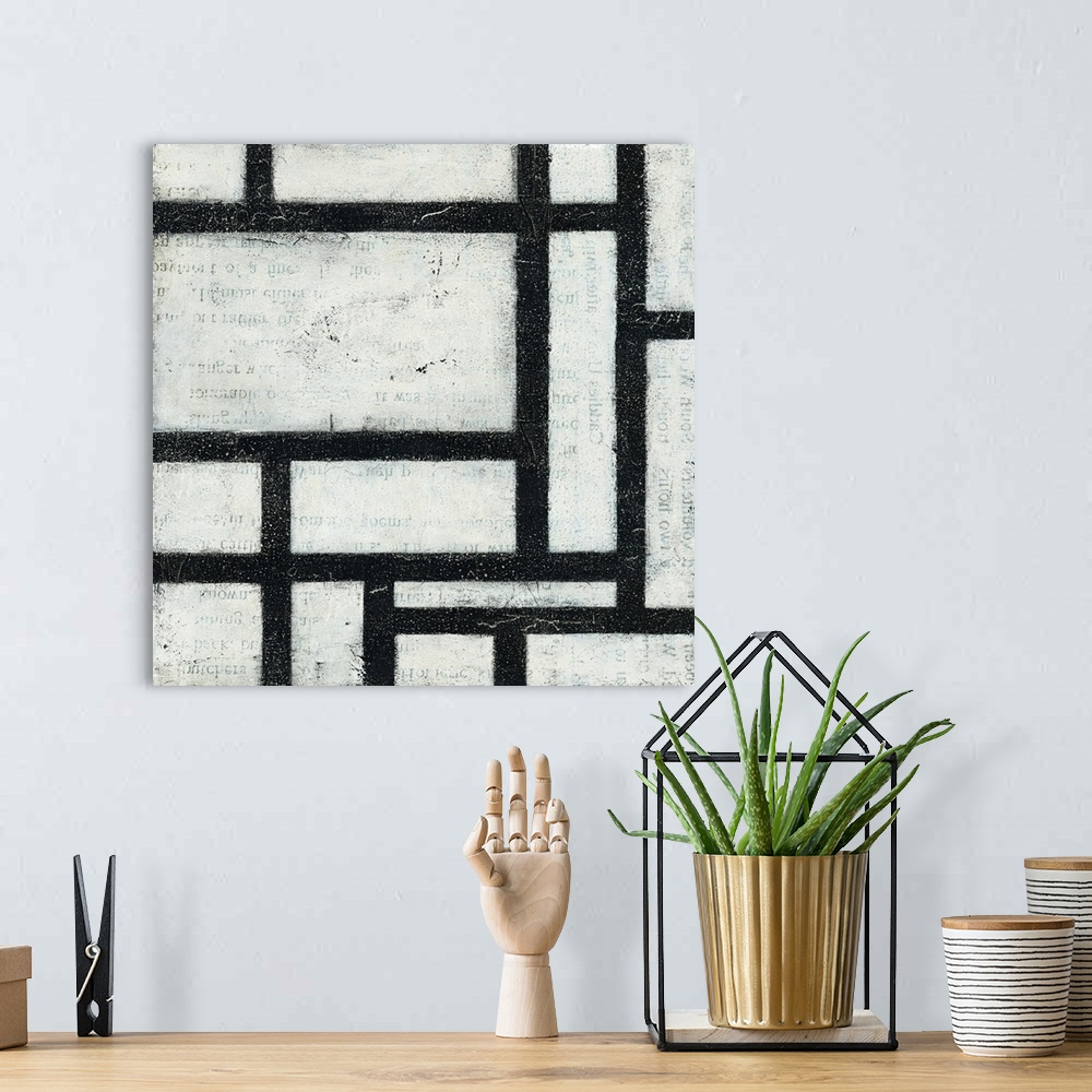 A bohemian room featuring Square contemporary painting of a black and white grid design with faded text peeping through the...