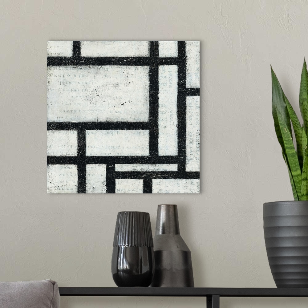A modern room featuring Square contemporary painting of a black and white grid design with faded text peeping through the...