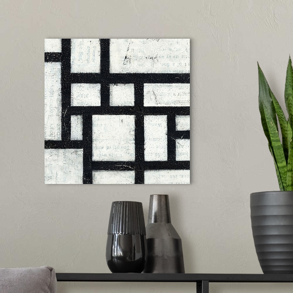 A modern room featuring Square contemporary painting of a black and white grid design with faded text peeping through the...