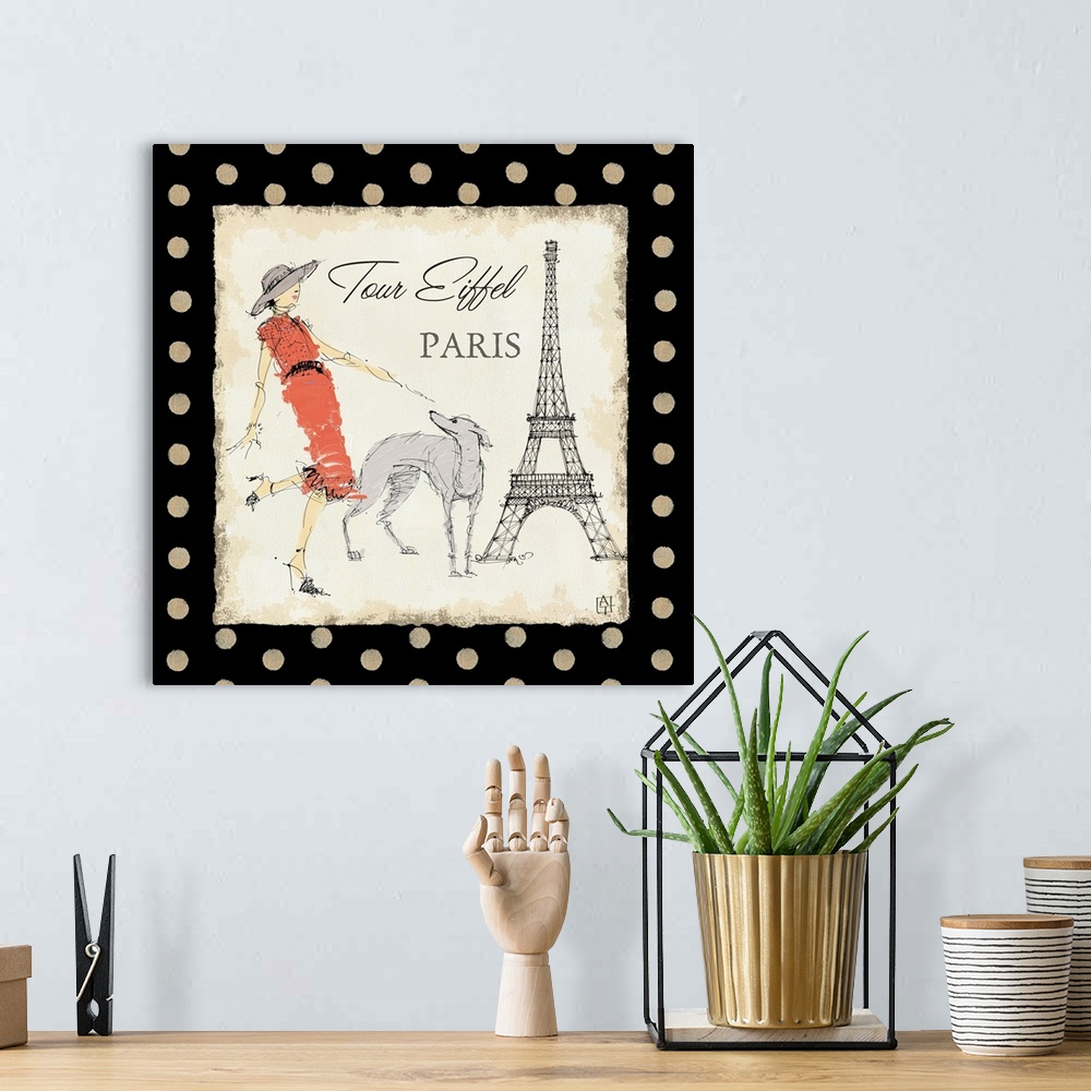 A bohemian room featuring Square canvas art of a woman walking a dog by the Eiffel Tower.