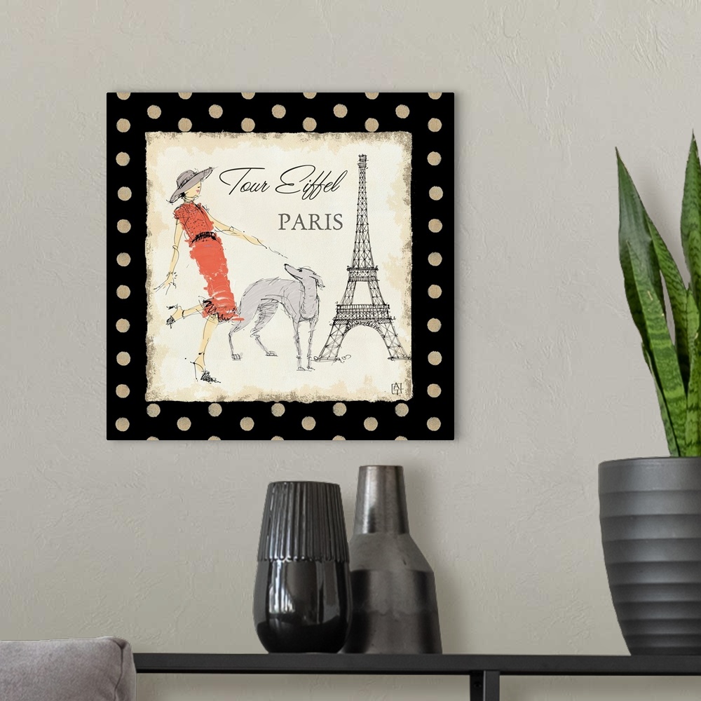 A modern room featuring Square canvas art of a woman walking a dog by the Eiffel Tower.