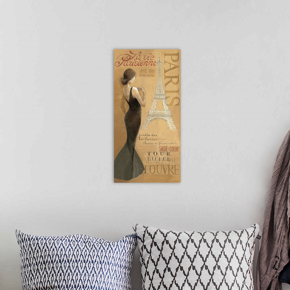 A bohemian room featuring A contemporary piece of artwork with a drawing of the Eiffel tower and a tall brunette woman with...