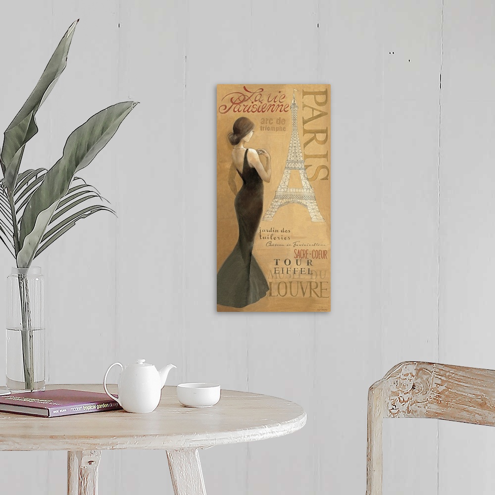 A farmhouse room featuring A contemporary piece of artwork with a drawing of the Eiffel tower and a tall brunette woman with...