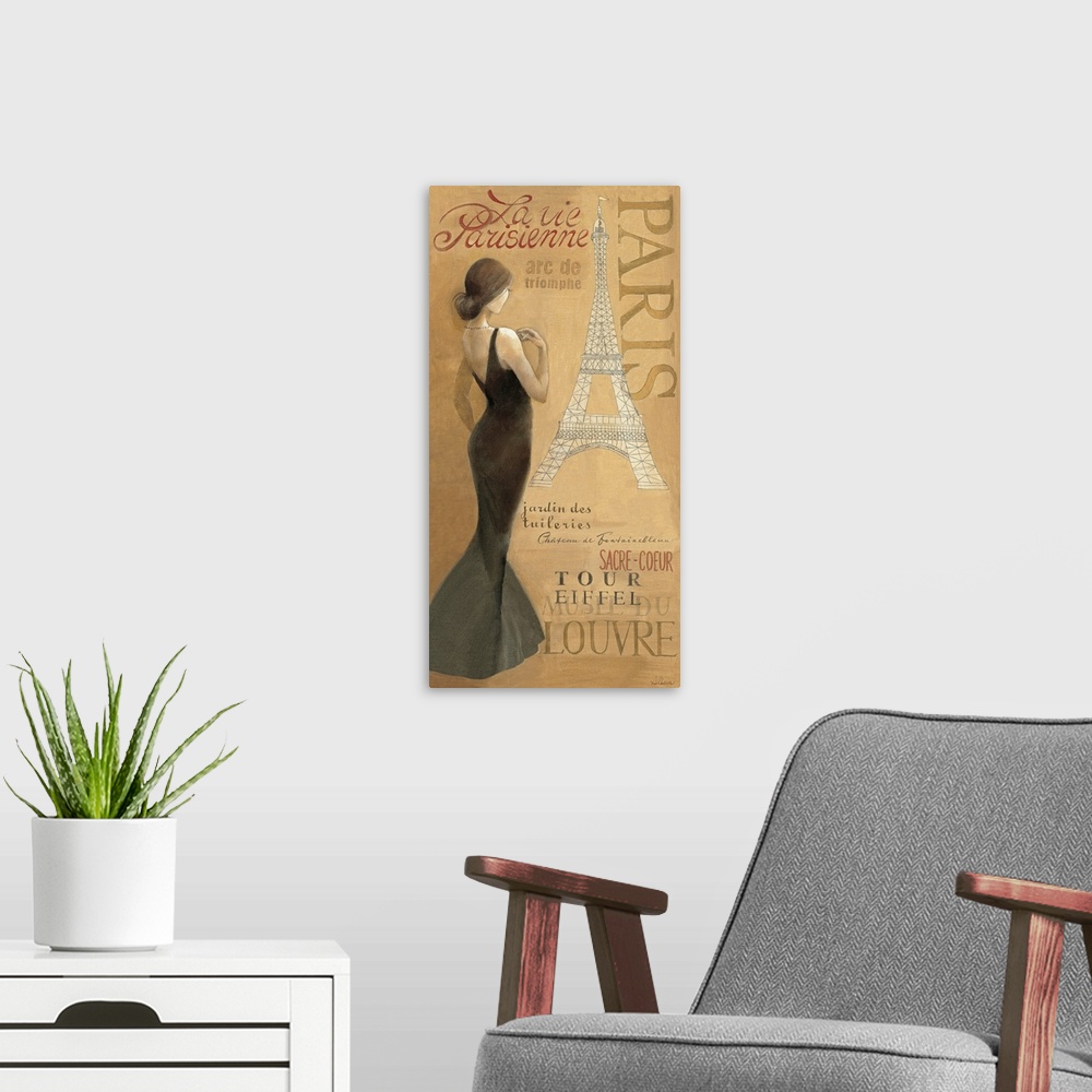 A modern room featuring A contemporary piece of artwork with a drawing of the Eiffel tower and a tall brunette woman with...