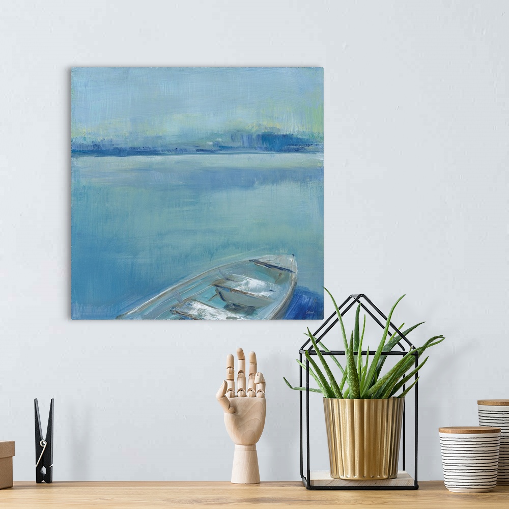 A bohemian room featuring Energetic brush strokes create a serene lake landscape with a rowboat floating in the water in th...