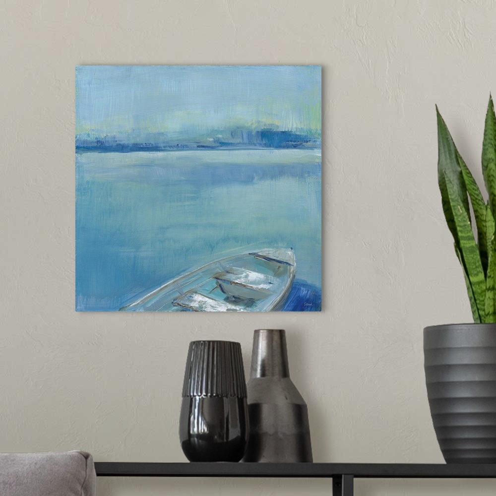 A modern room featuring Energetic brush strokes create a serene lake landscape with a rowboat floating in the water in th...