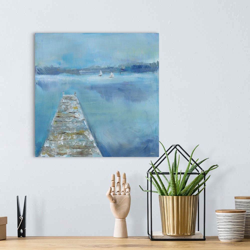 A bohemian room featuring Energetic brush strokes create a serene lake landscape with a dock in this contemporary artwork.