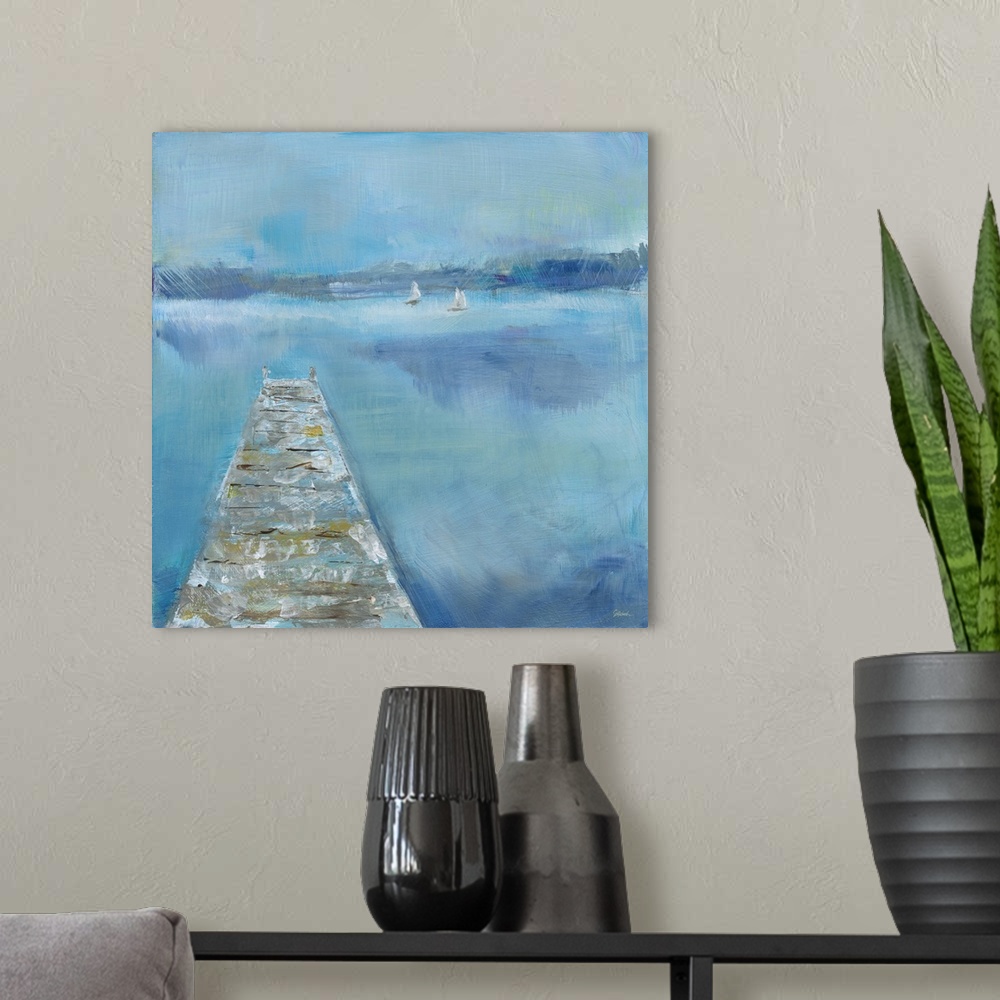 A modern room featuring Energetic brush strokes create a serene lake landscape with a dock in this contemporary artwork.