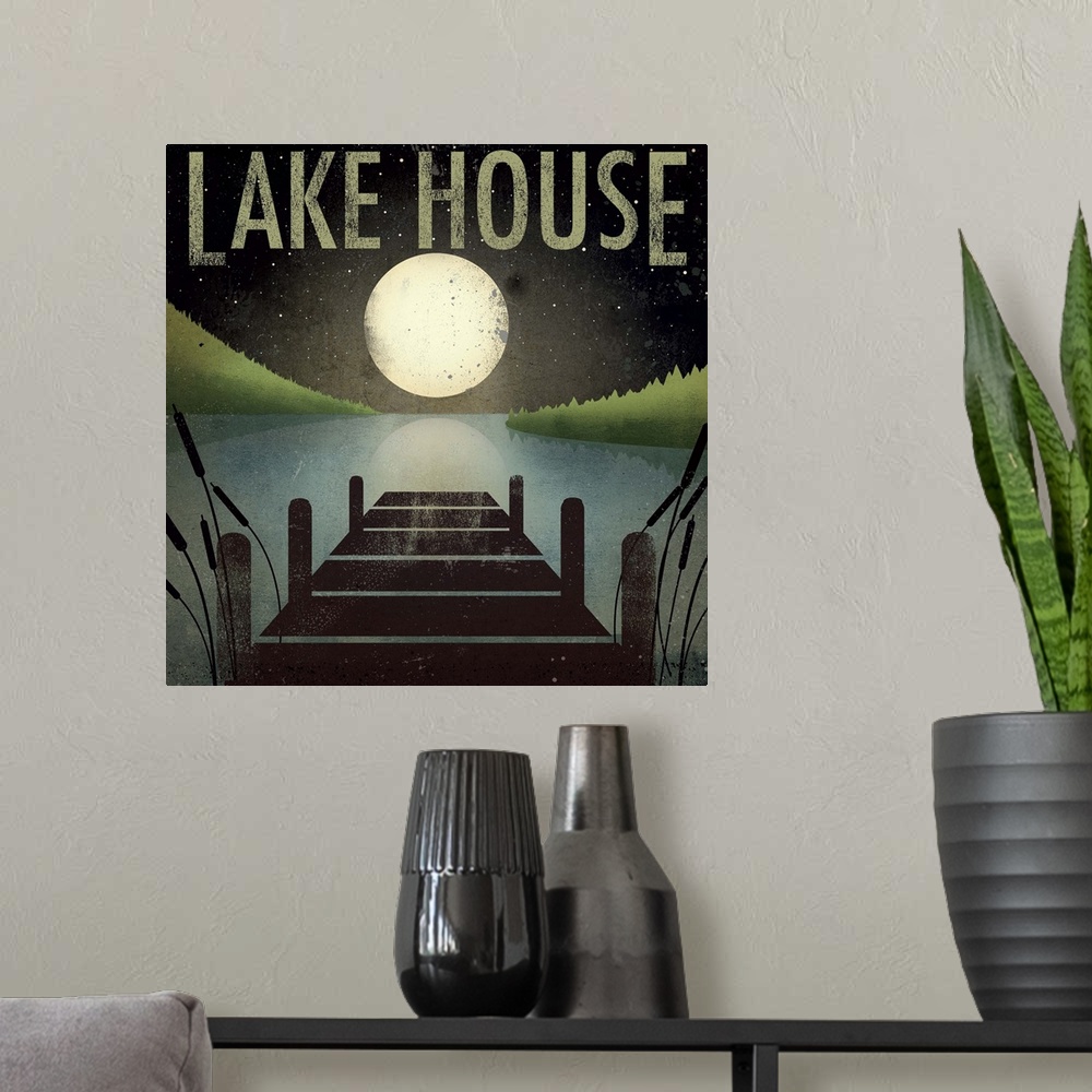 A modern room featuring Contemporary design featuring clean silhouette cutouts of a pier on the lake under the full moon ...