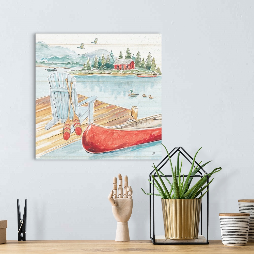 A bohemian room featuring A decorative mountain scene of a dock on a lake with a canoe and a house in the background.  Ther...