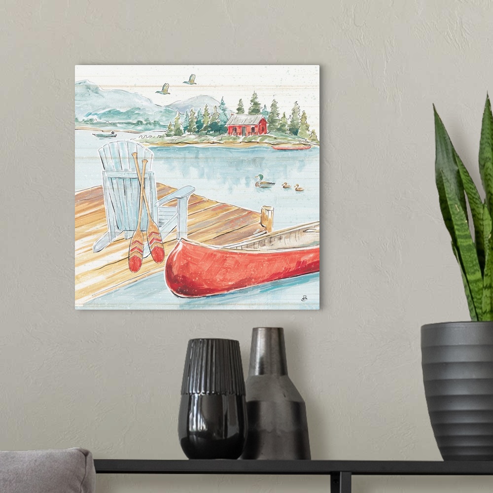 A modern room featuring A decorative mountain scene of a dock on a lake with a canoe and a house in the background.  Ther...