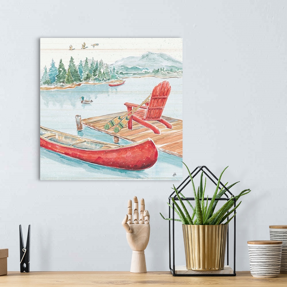 A bohemian room featuring A decorative mountain scene of a dock on a lake with a canoe and a forest with flying ducks in th...