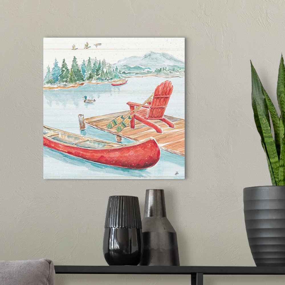 A modern room featuring A decorative mountain scene of a dock on a lake with a canoe and a forest with flying ducks in th...