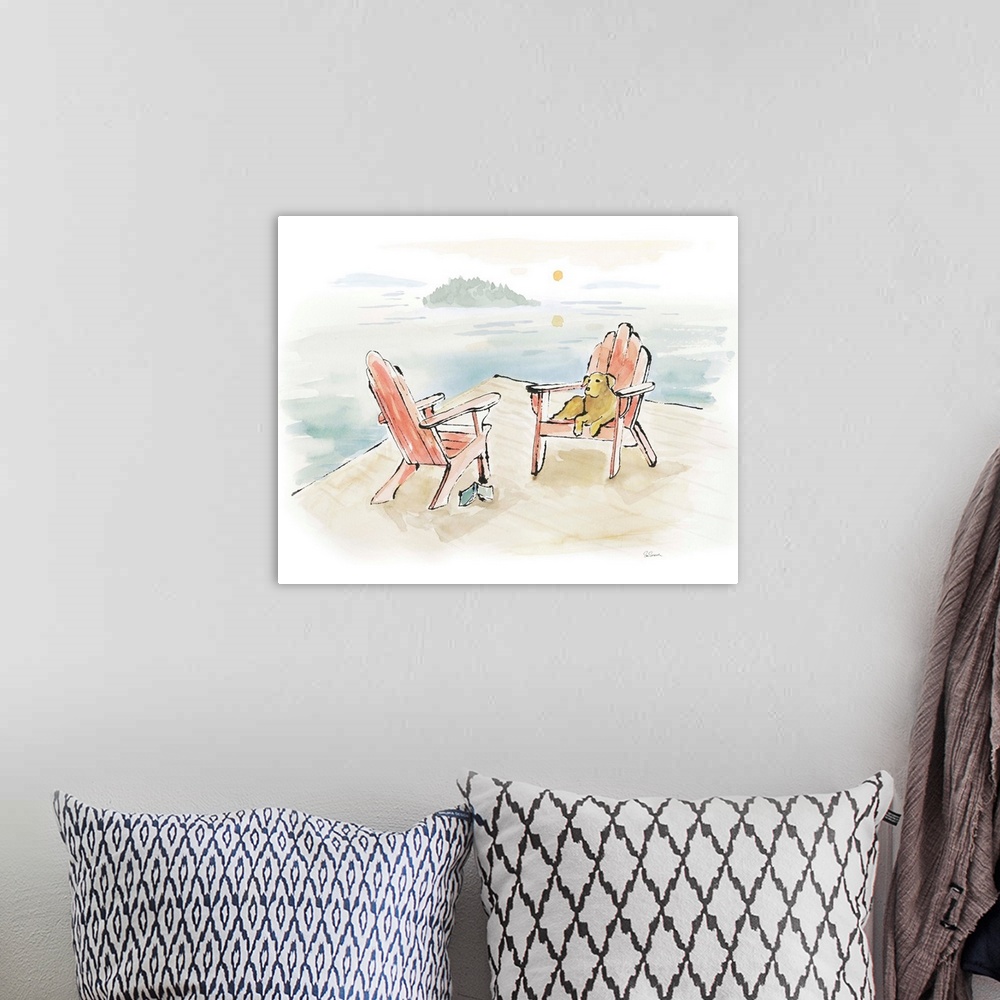 A bohemian room featuring Watercolor painting of a yellow lab relaxing on a chair at the lake.