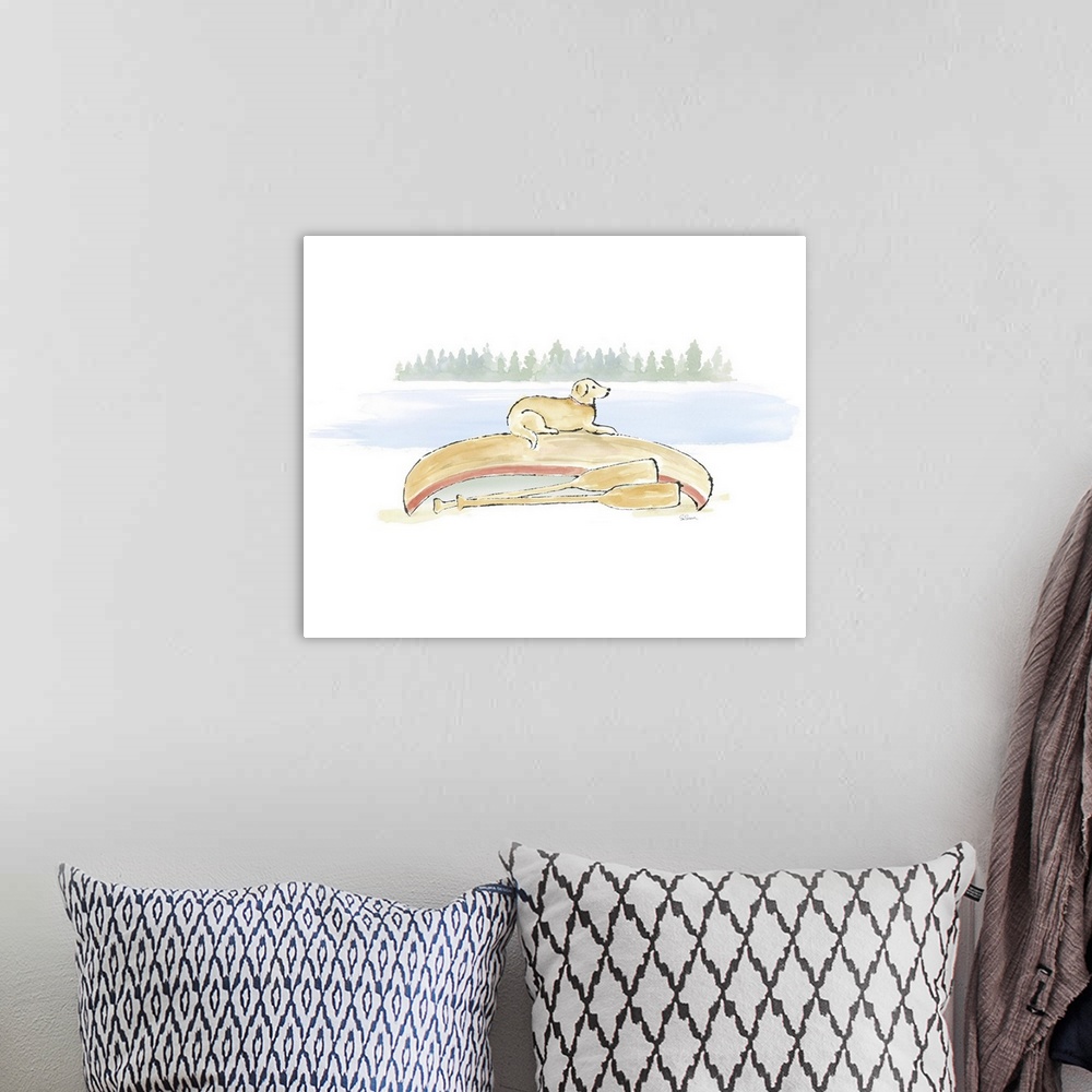 A bohemian room featuring Watercolor painting of a yellow lab on top of a canoe next to the lake.