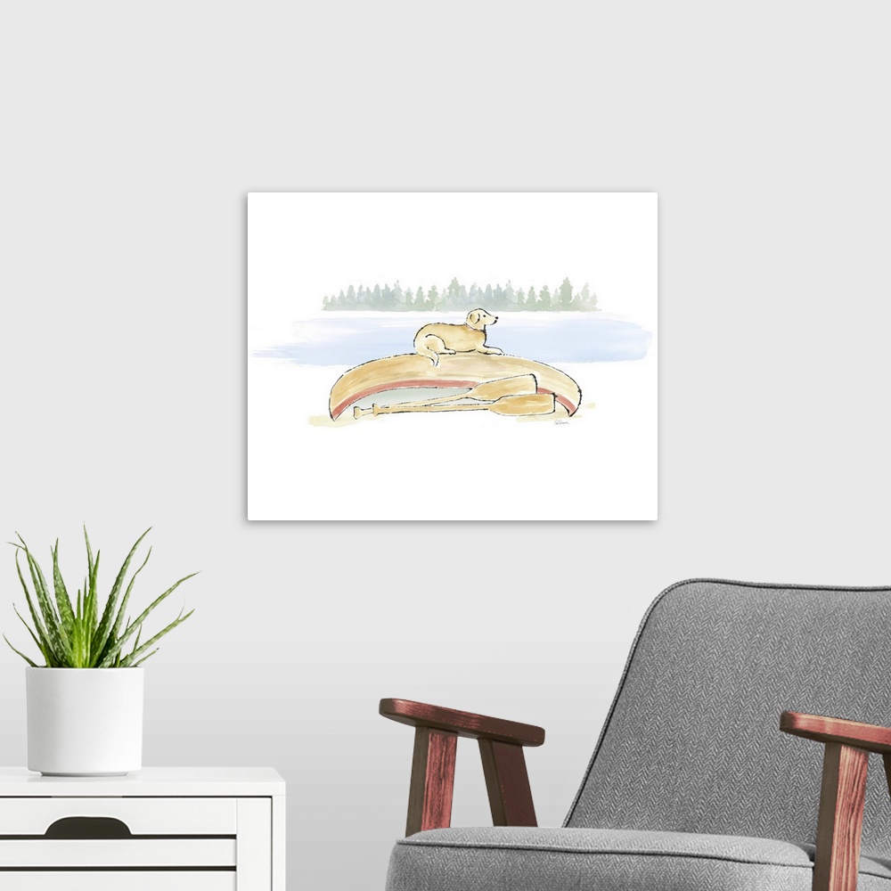 A modern room featuring Watercolor painting of a yellow lab on top of a canoe next to the lake.