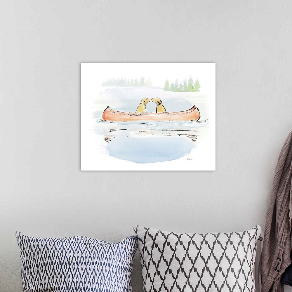 A bohemian room featuring Watercolor painting of two yellow labs about to kiss while floating on a canoe in the middle of a...