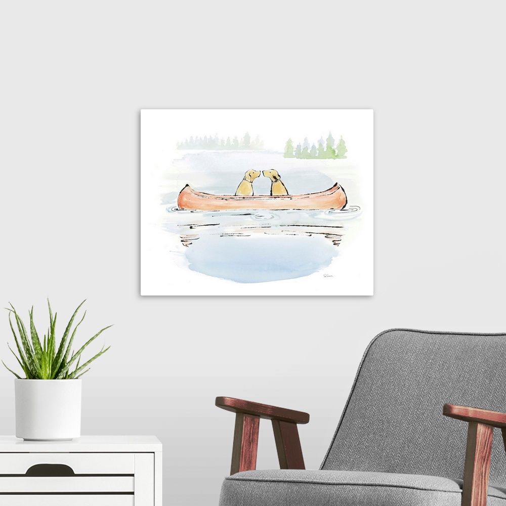 A modern room featuring Watercolor painting of two yellow labs about to kiss while floating on a canoe in the middle of a...