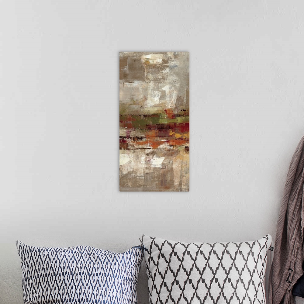 A bohemian room featuring Contemporary abstract vertical panoramic painting.  Brushes of various eroded colors overlain.