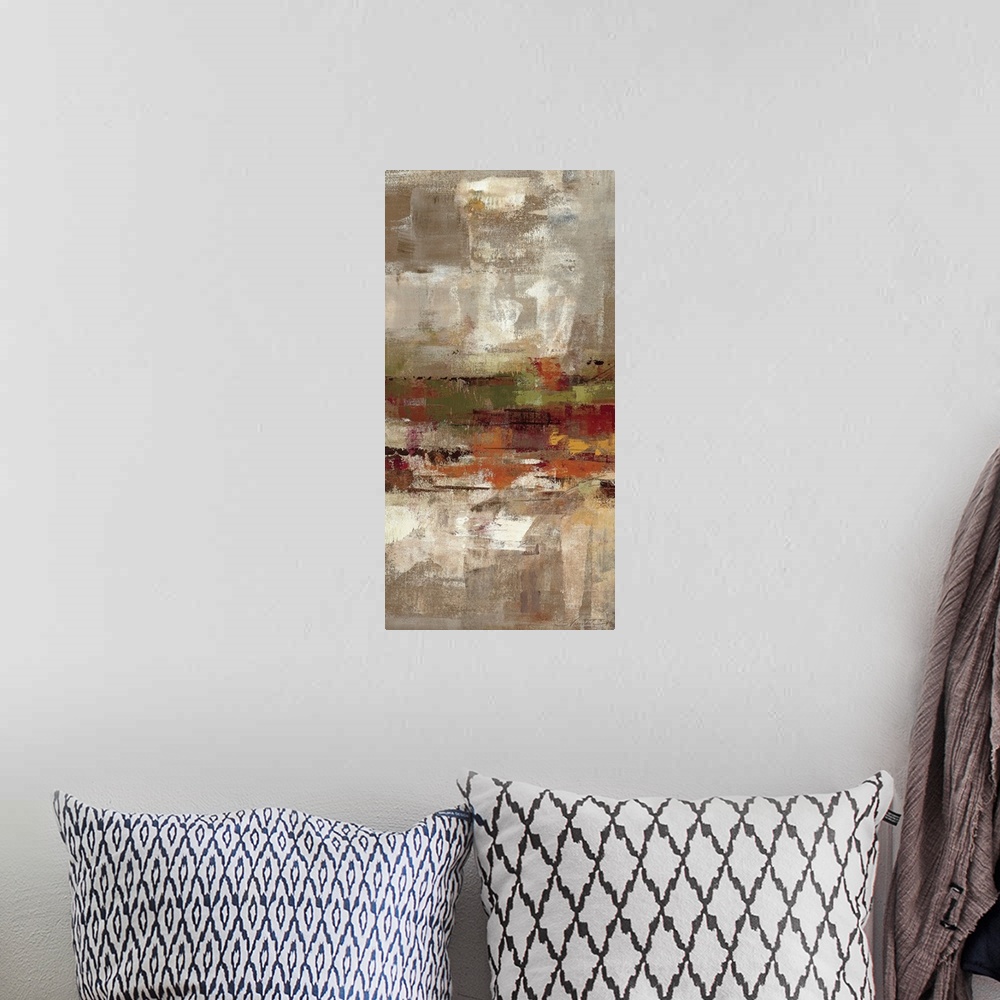 A bohemian room featuring Contemporary abstract vertical panoramic painting.  Brushes of various eroded colors overlain.