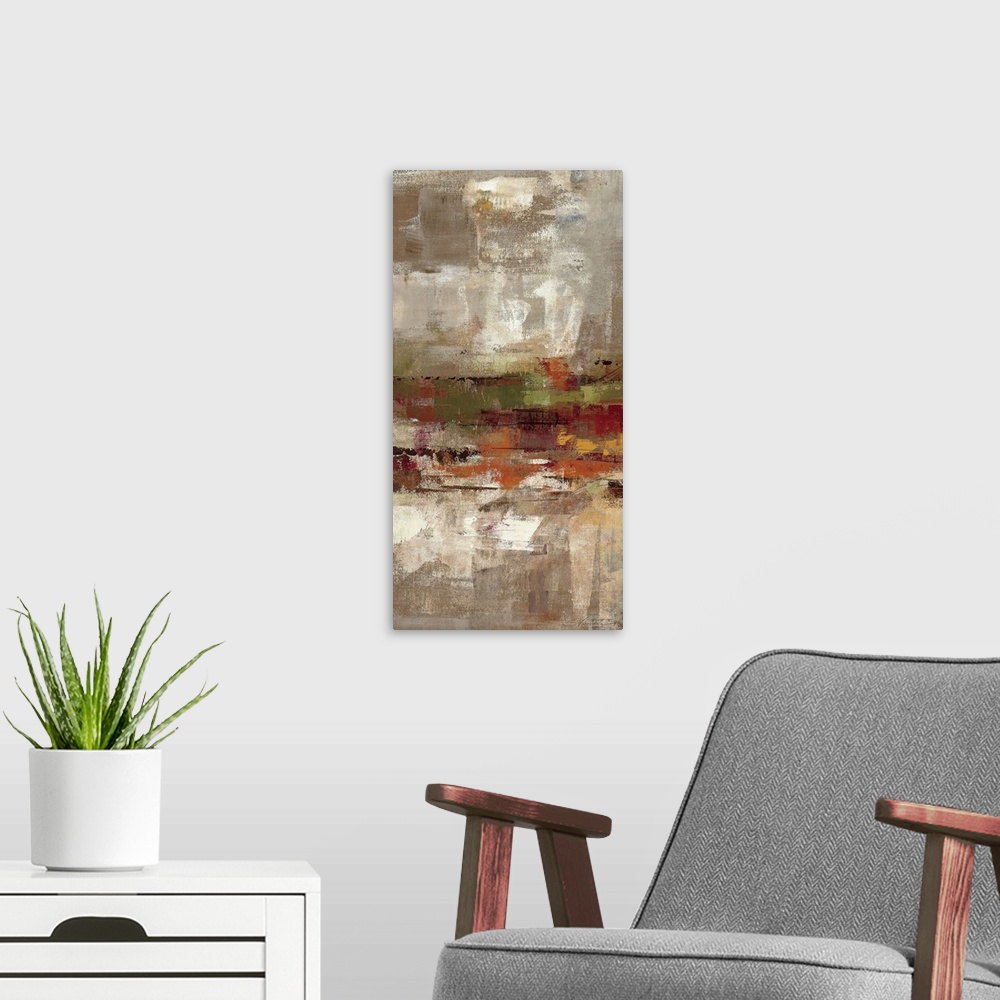 A modern room featuring Contemporary abstract vertical panoramic painting.  Brushes of various eroded colors overlain.