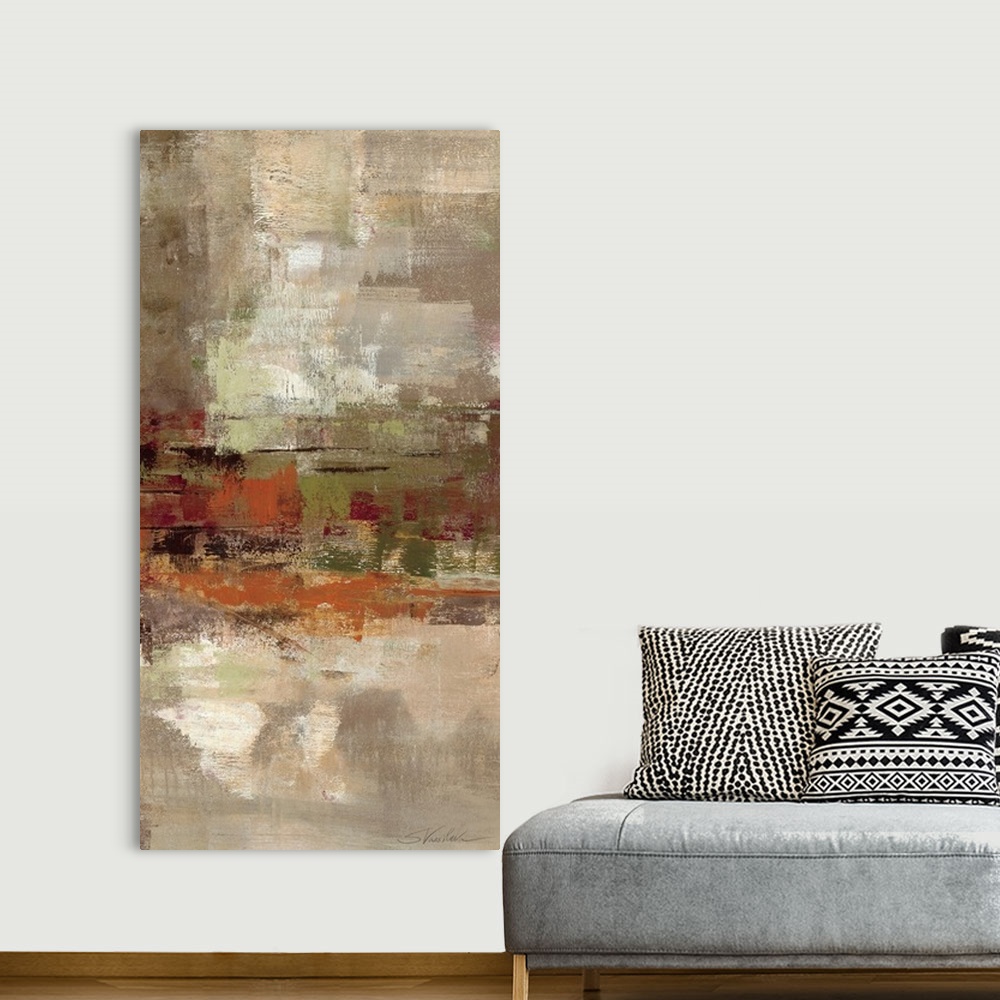 A bohemian room featuring Vertical abstract artwork with brushstrokes mainly being applied horizontally. A cluster of diffe...