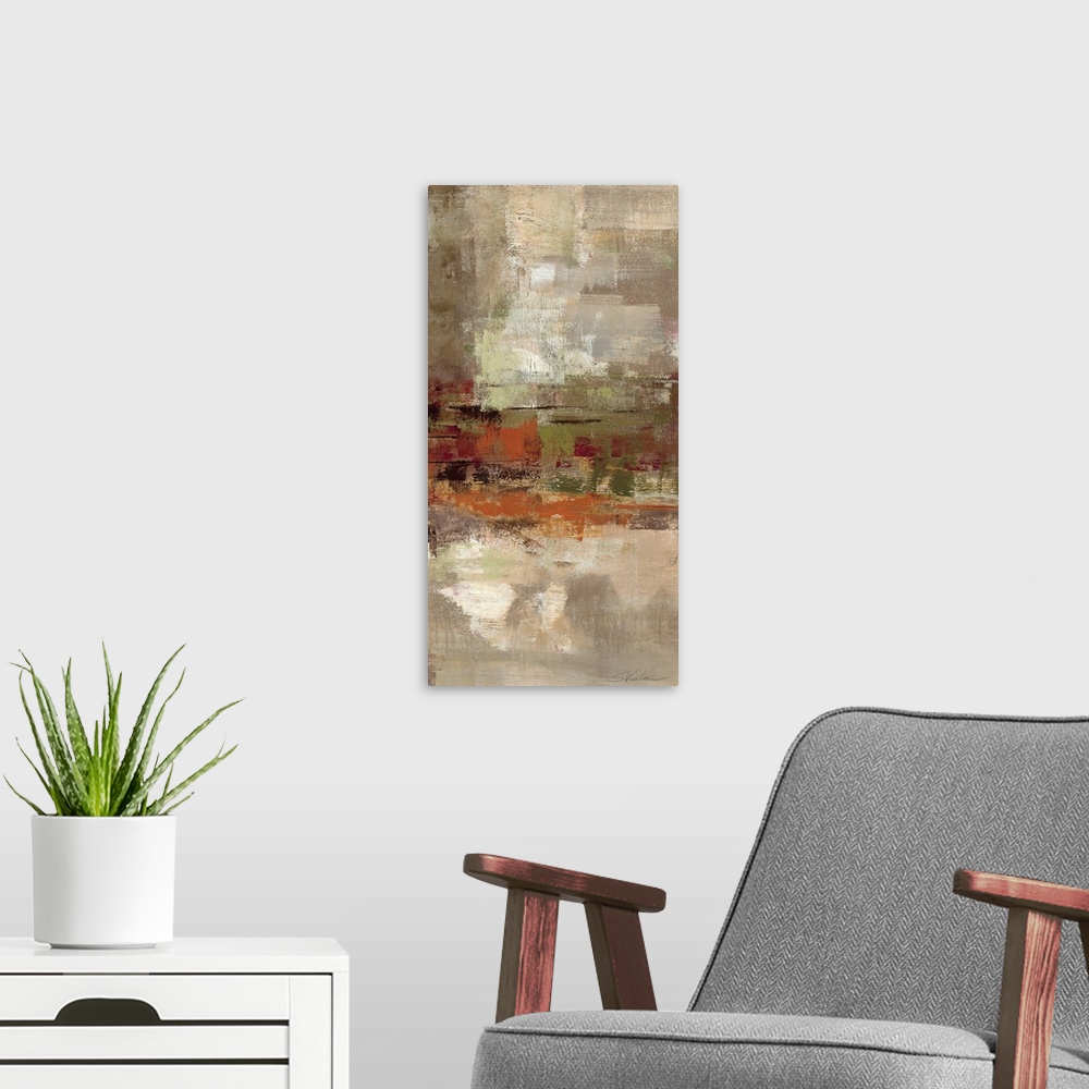 A modern room featuring Vertical abstract artwork with brushstrokes mainly being applied horizontally. A cluster of diffe...