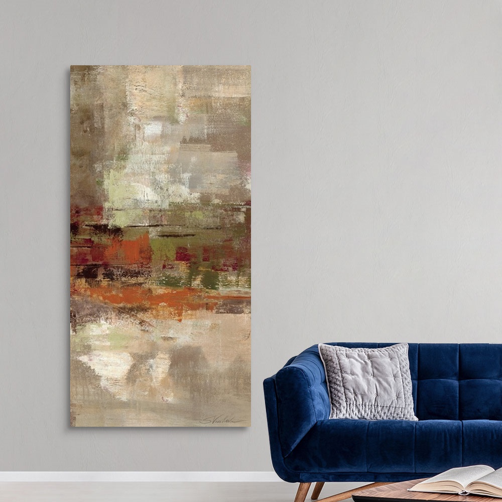A modern room featuring Vertical abstract artwork with brushstrokes mainly being applied horizontally. A cluster of diffe...