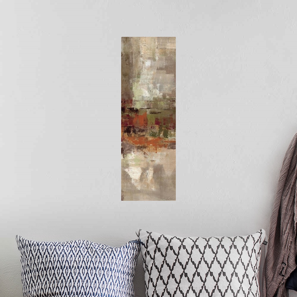 A bohemian room featuring An abstract piece of art with brush strokes of earthy tones giving the painting depth.