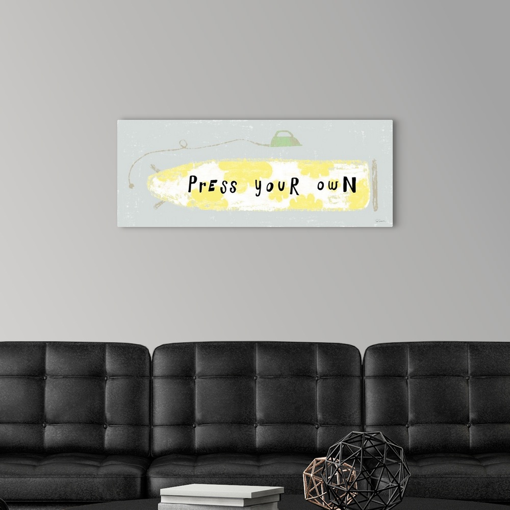 A modern room featuring "Press Your Own" ironing board decor