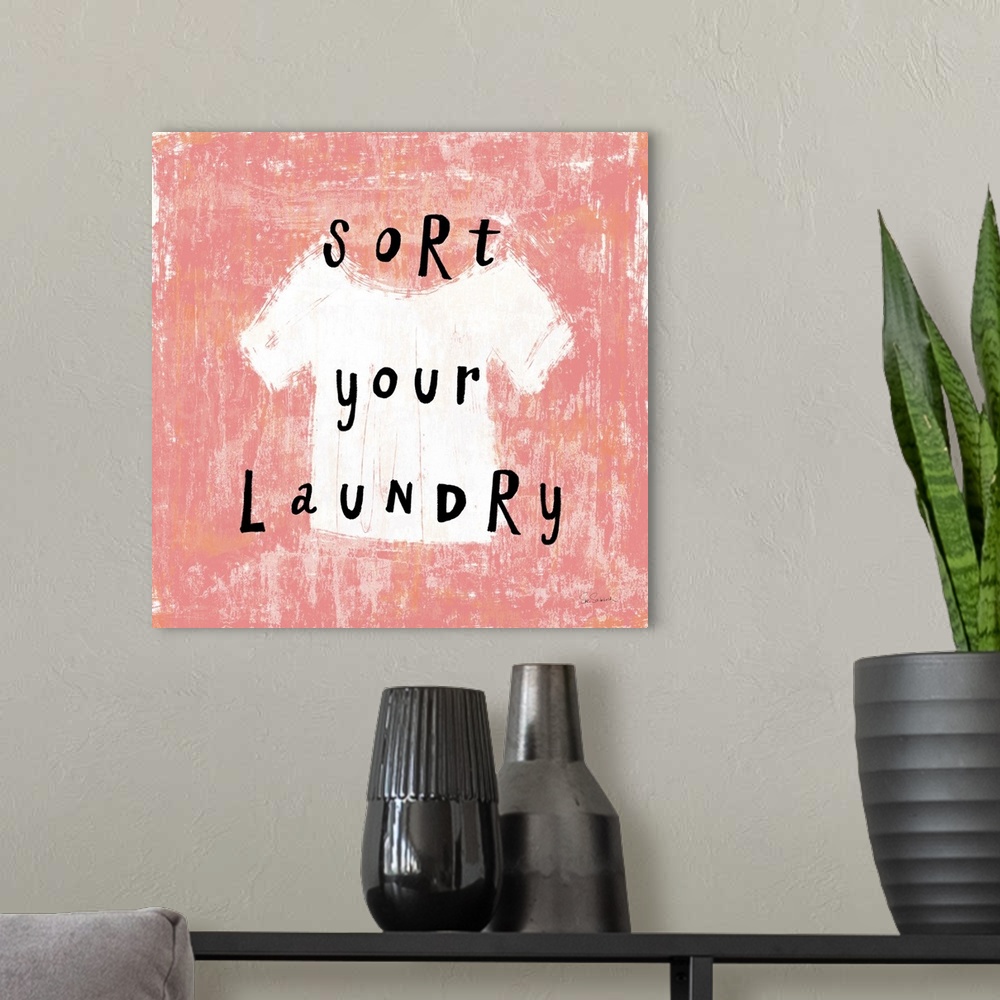 A modern room featuring "Sort your Laundry" square laundry room decor.