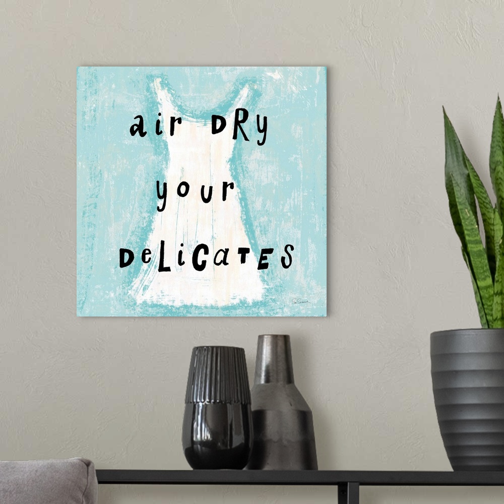 A modern room featuring "air dry your Delicates" square laundry room decor.