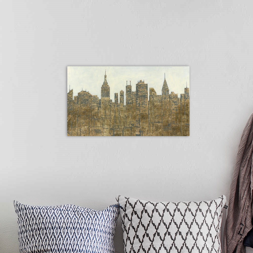 A bohemian room featuring Dusty gold-toned city skyline.