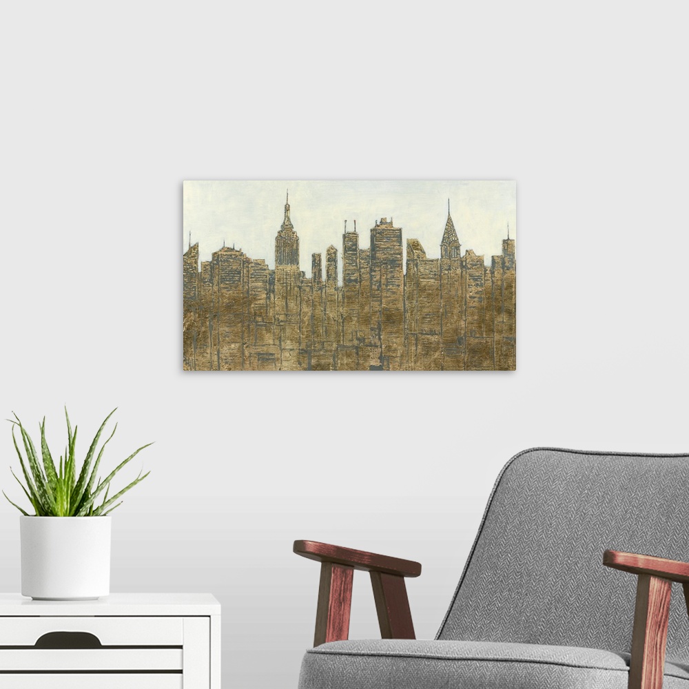A modern room featuring Dusty gold-toned city skyline.