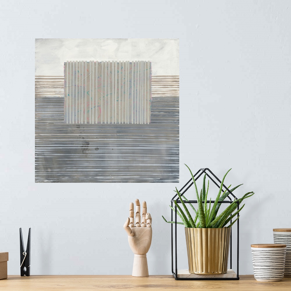 A bohemian room featuring Square abstract painting in neutral colors with thin horizontal lines on the background and short...