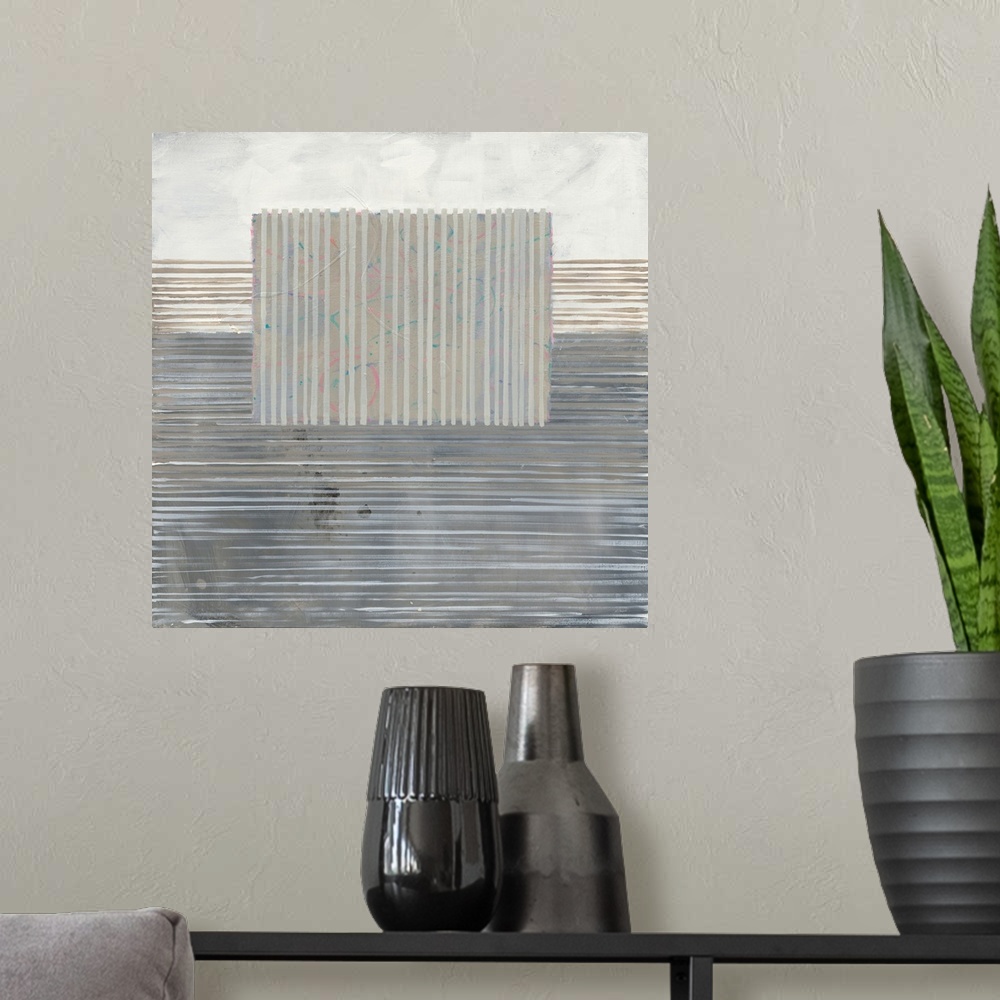 A modern room featuring Square abstract painting in neutral colors with thin horizontal lines on the background and short...