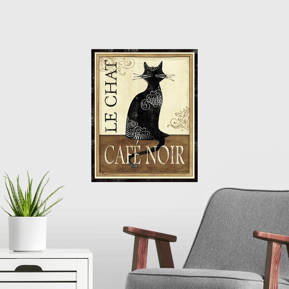 A modern room featuring Artwork with a cat's silhouette sitting on a table with the text "Cafo Noir" overlapping its tale...