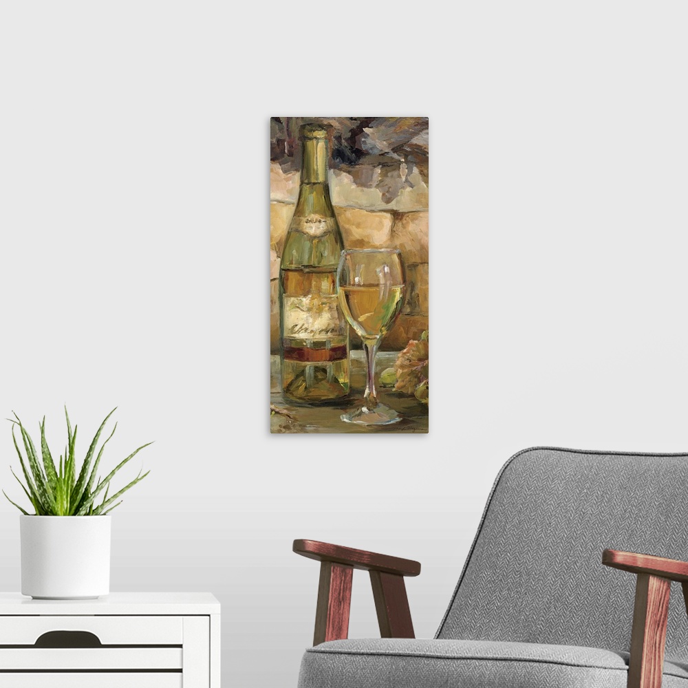 A modern room featuring Vertical panoramic painting of wine bottle and glass sitting on counter with stone background.