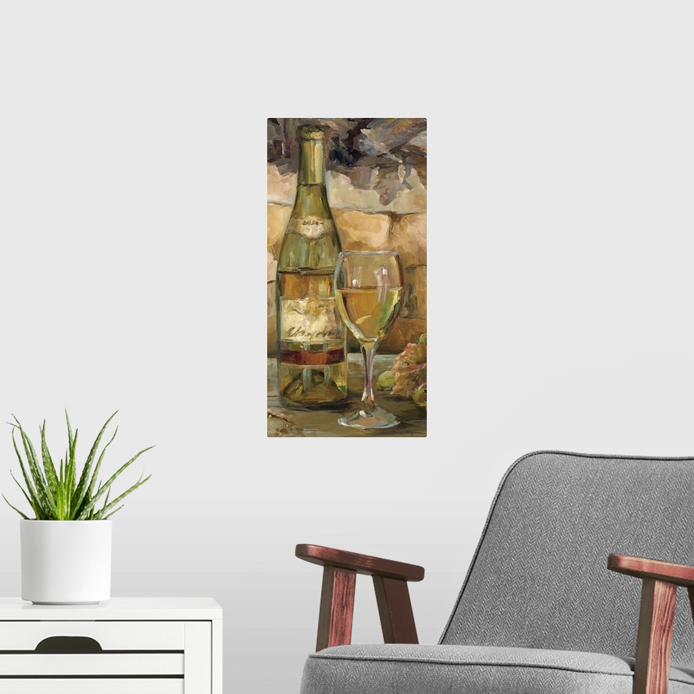 A modern room featuring Vertical panoramic painting of wine bottle and glass sitting on counter with stone background.