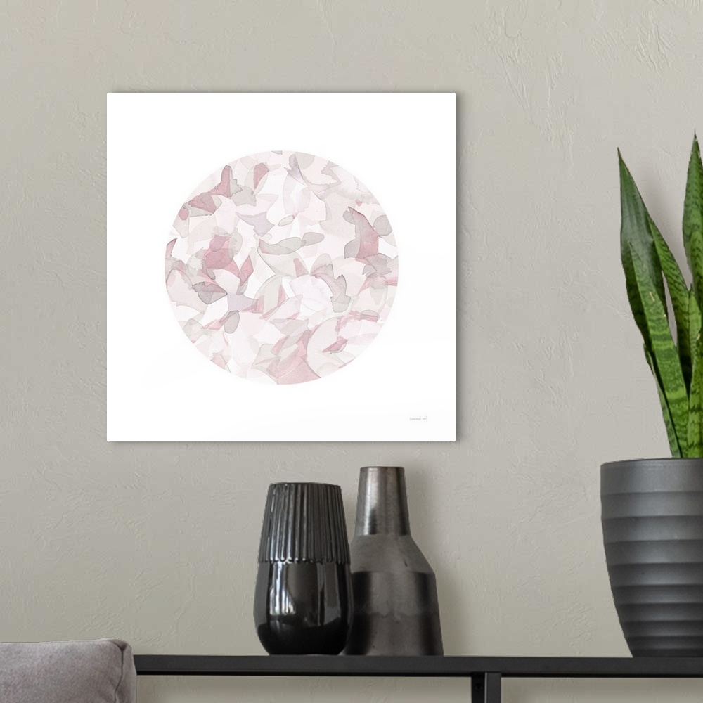 A modern room featuring Leafy Abstract Circle I Blush Gray