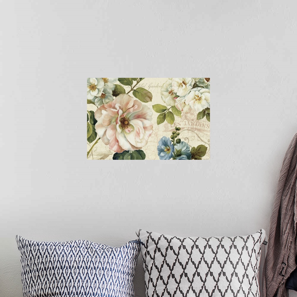 A bohemian room featuring Big painting of flowers with an outlined pattern in the background with text.