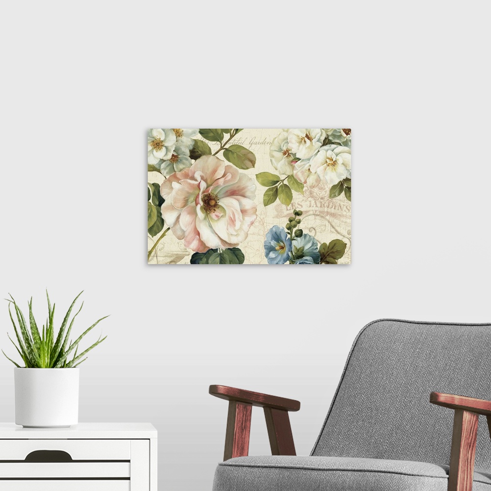 A modern room featuring Big painting of flowers with an outlined pattern in the background with text.